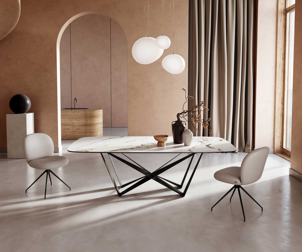 Jedálenský stôl Edge oválny 240x120 keramický Calacatta Luxe bielo