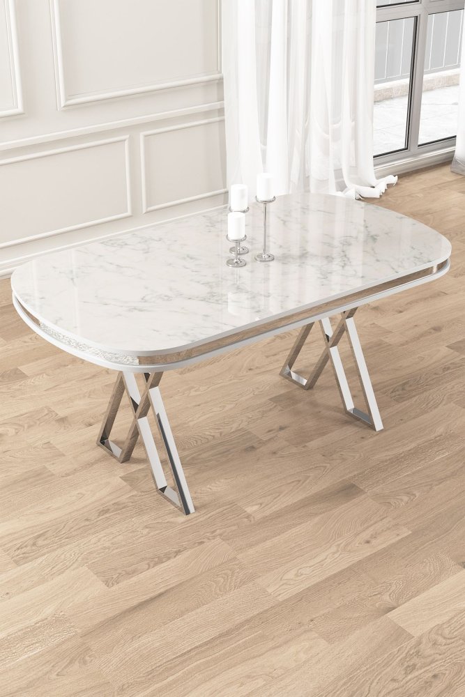 Jedálenský stôl Zae - White Marble, Chrome