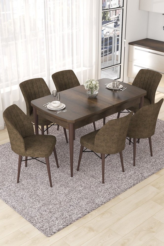 Extendable Dining Table & Chairs Set (7 Pieces) Nef - Baroque, Brown