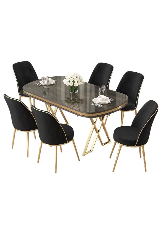 Dining Table & Chairs Set (7 Pieces) Lai - Anthracite, Gold, Black (obrázek 2)