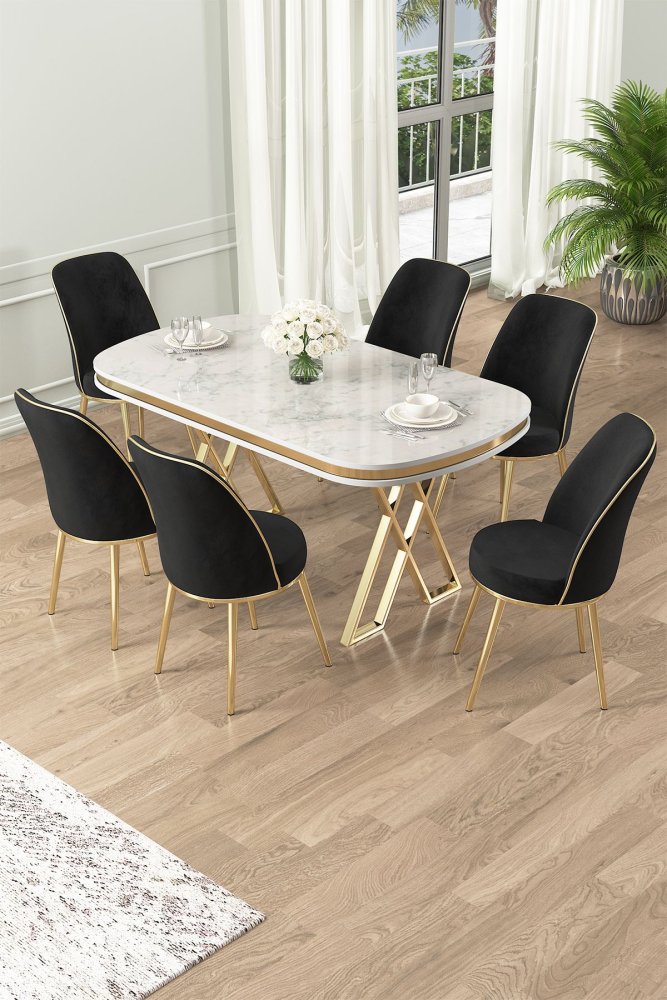 Dining Table & Chairs Set (7 Pieces) Lai - White, Gold, Black