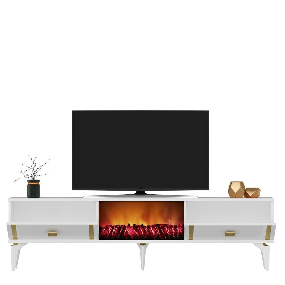 TV stolík Doruk Fireplace - White, Gold