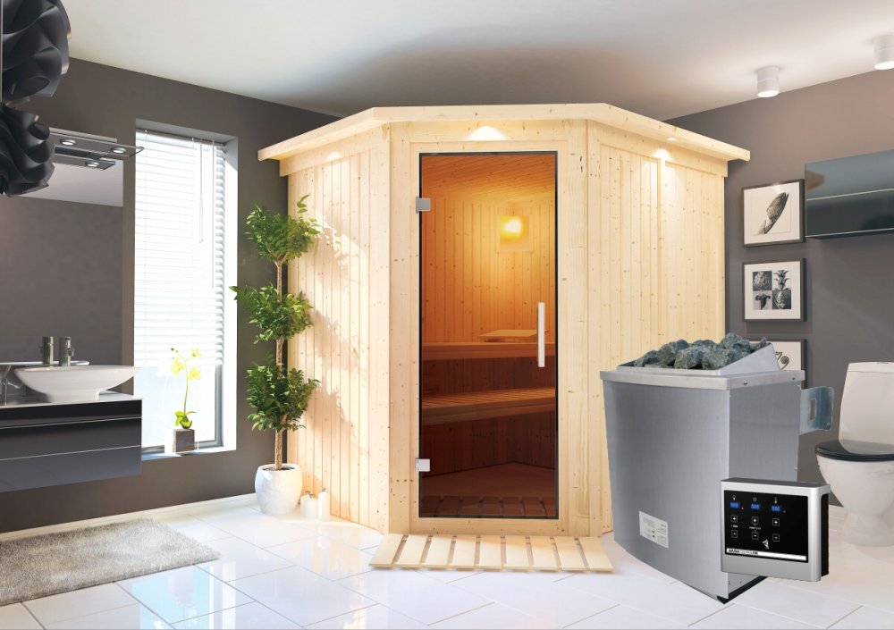 E-shop Interiérová finská sauna 196x170 cm s pecou 9 kW Dekorhome