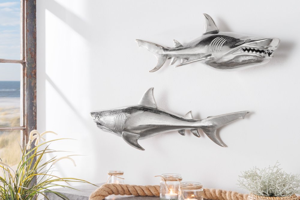 E-shop Nástenná dekorácia žralok DAKENTA 2 ks Dekorhome Strieborná