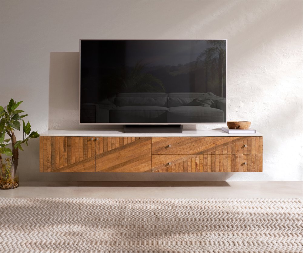 TV stolík Bahan 175 cm mango teak 2 dvierka 2 zásuvky mramorová doska