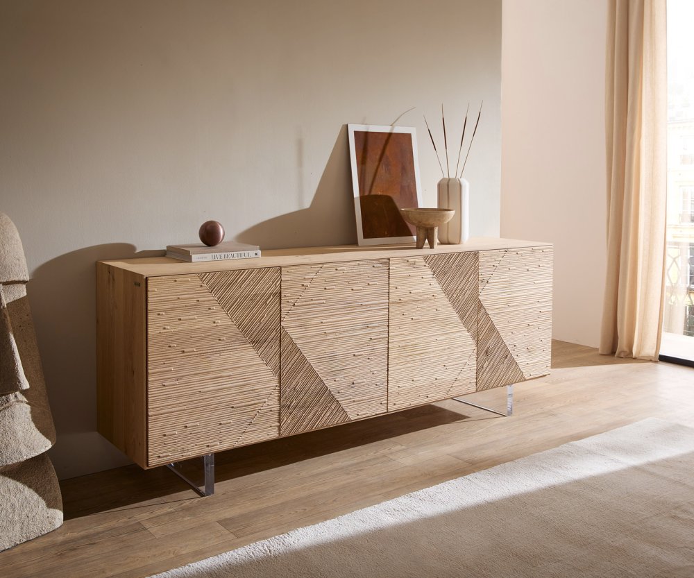 Komoda Tereos 200 cm dub prírodná 3D efekt 4 dvierka podstava závesná