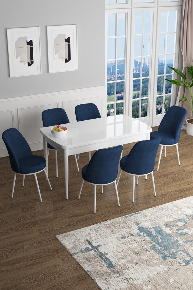 Extendable Dining Table & Chairs Set (7 Pieces) Han - White, Navy Blue