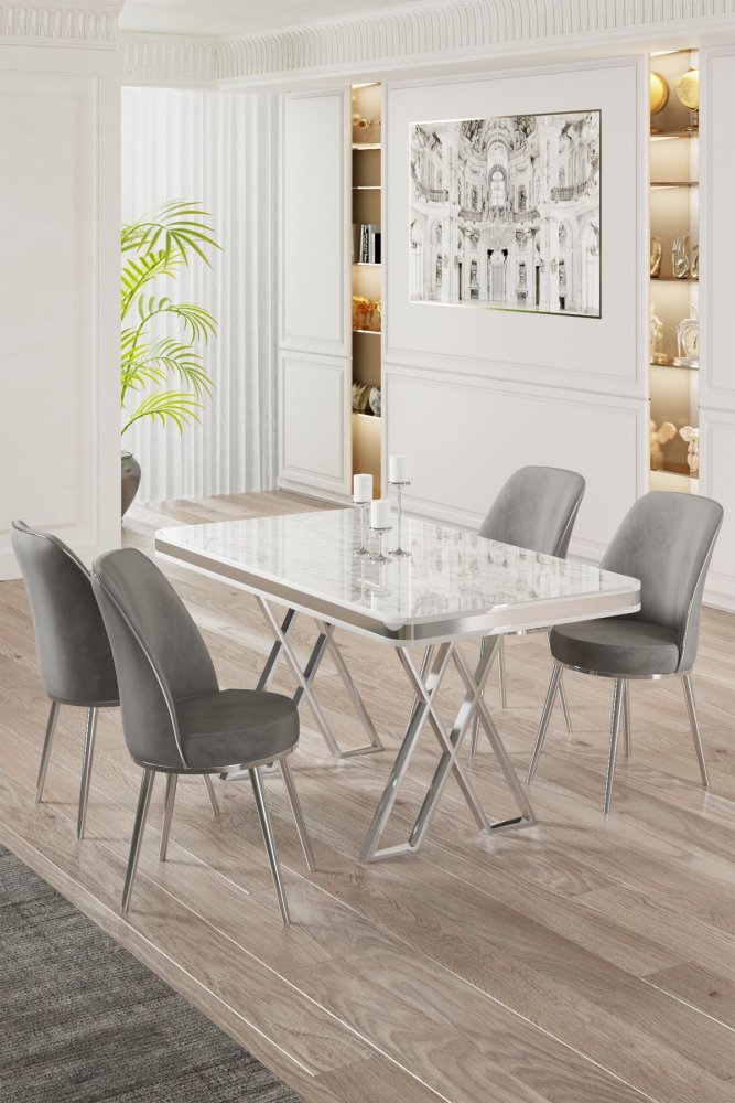 Dining Table & Chairs Set (5 Pieces) Vals - White, Chrome, Grey
