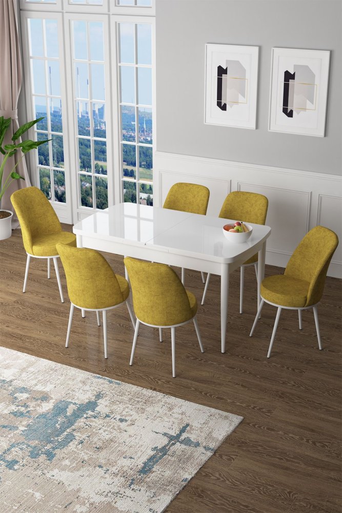 Extendable Dining Table & Chairs Set (7 Pieces) Zen - White, Mustard