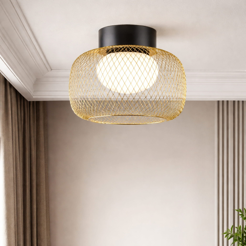 Lampa sufitowa Sopra 25 czarno złota klosz druciany do salonu GX53