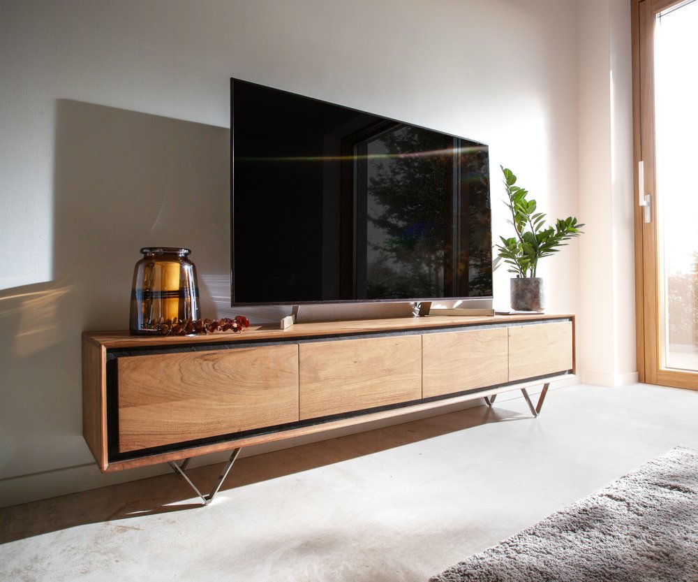 TV stolík Stonegrace 200 cm akácia prírodný 4 dvierka kamenná podstava