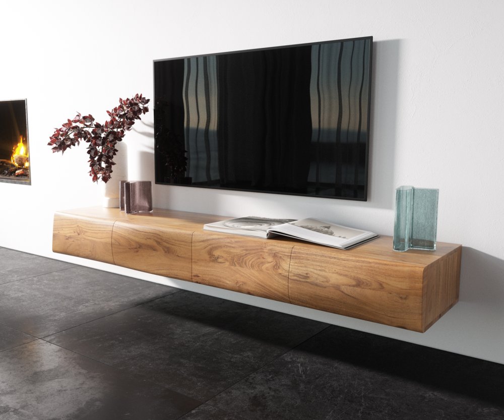 TV stolík Nový 175 cm prírodná akácia 4 dvierka na zavesenie