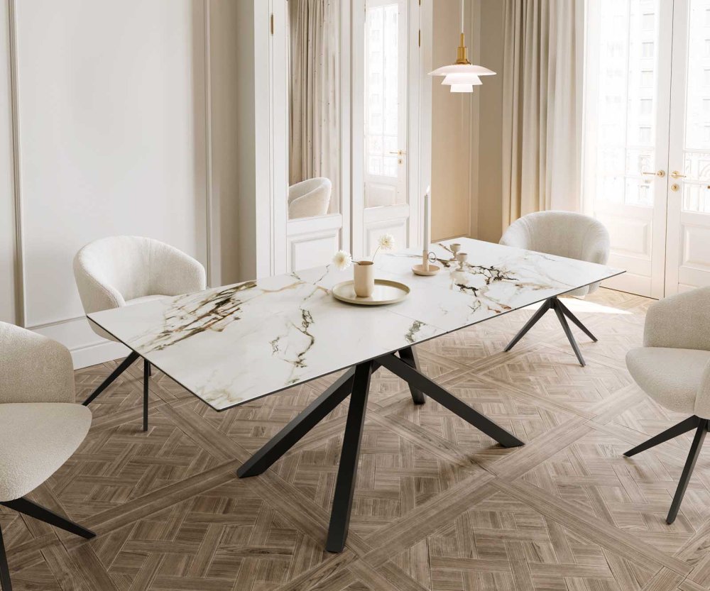 Jedálenský stôl Edge 180-220x100 keramický Calacatta Luxe bielo-zlato