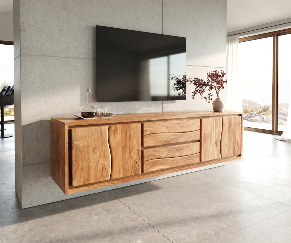 TV stolík Live-Edge 200 cm akácia prírodná 4 dvierka 2 zásuvky