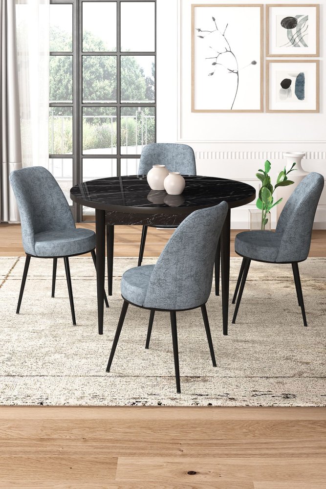 Dining Table & Chairs Set (5 Pieces) Tor - Black Marble, Grey