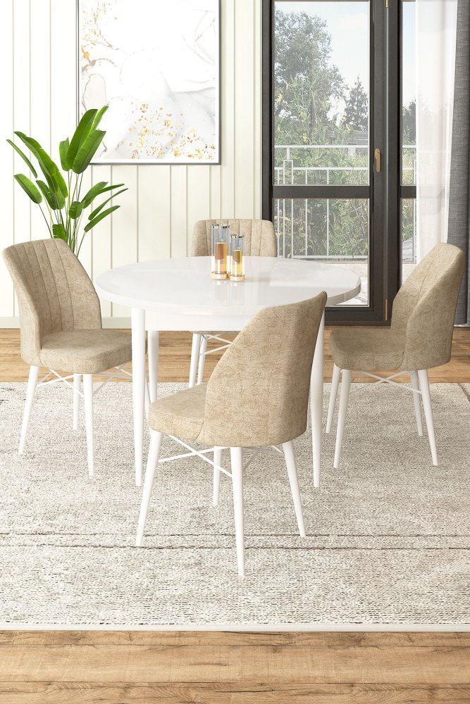 Dining Table & Chairs Set (5 Pieces) Rox - White, Cream