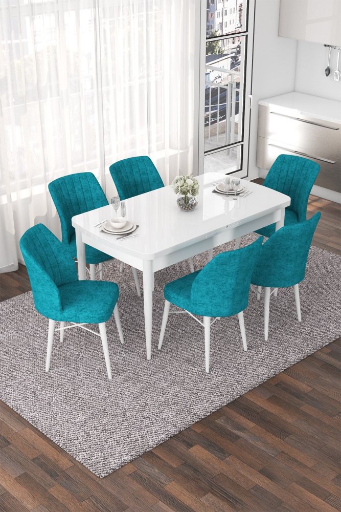 Extendable Dining Table & Chairs Set (7 Pieces) Nef - White, Turquoise
