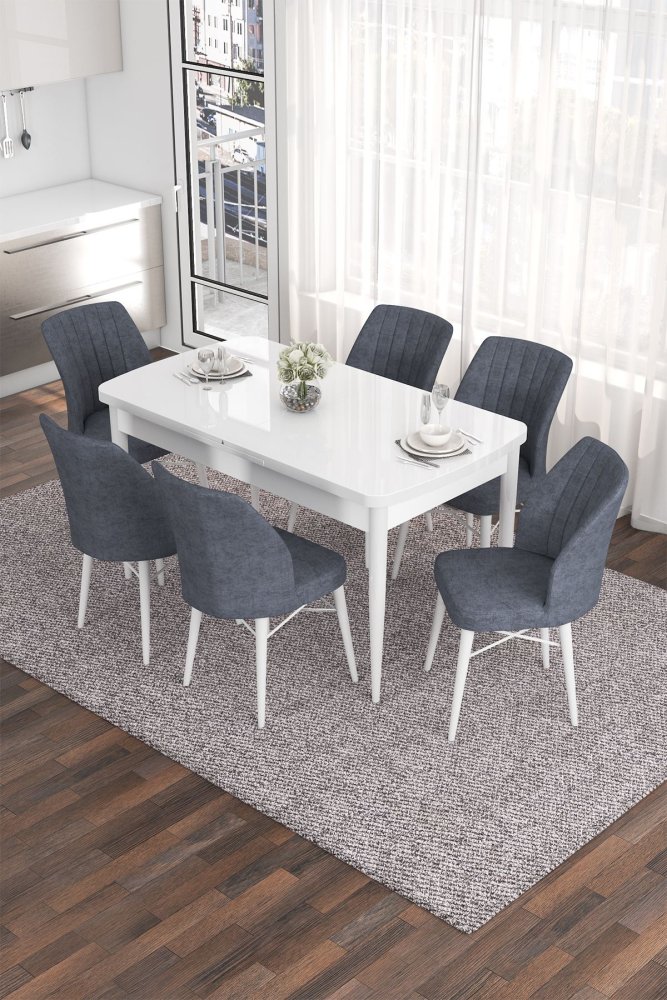 Extendable Dining Table & Chairs Set (7 Pieces) Eva - White, Fume