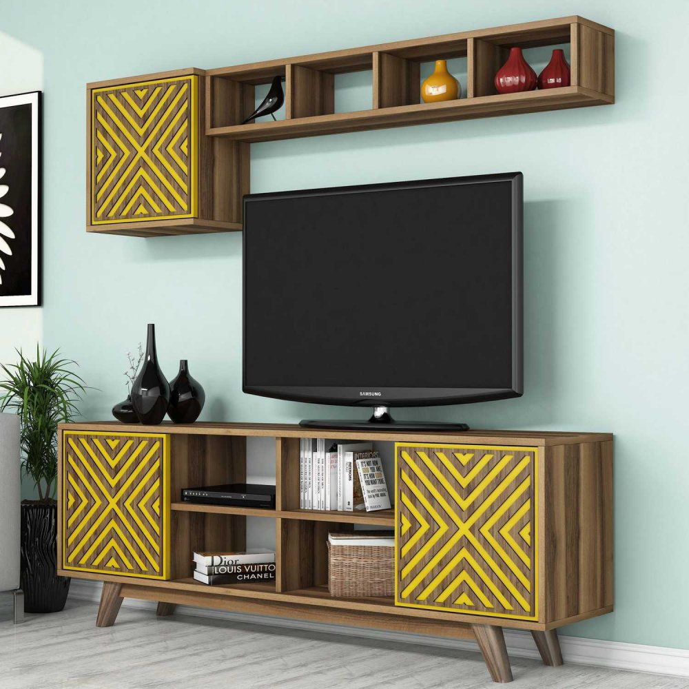 TV skrinka / Obývacia stena Inci - Walnut, Yellow