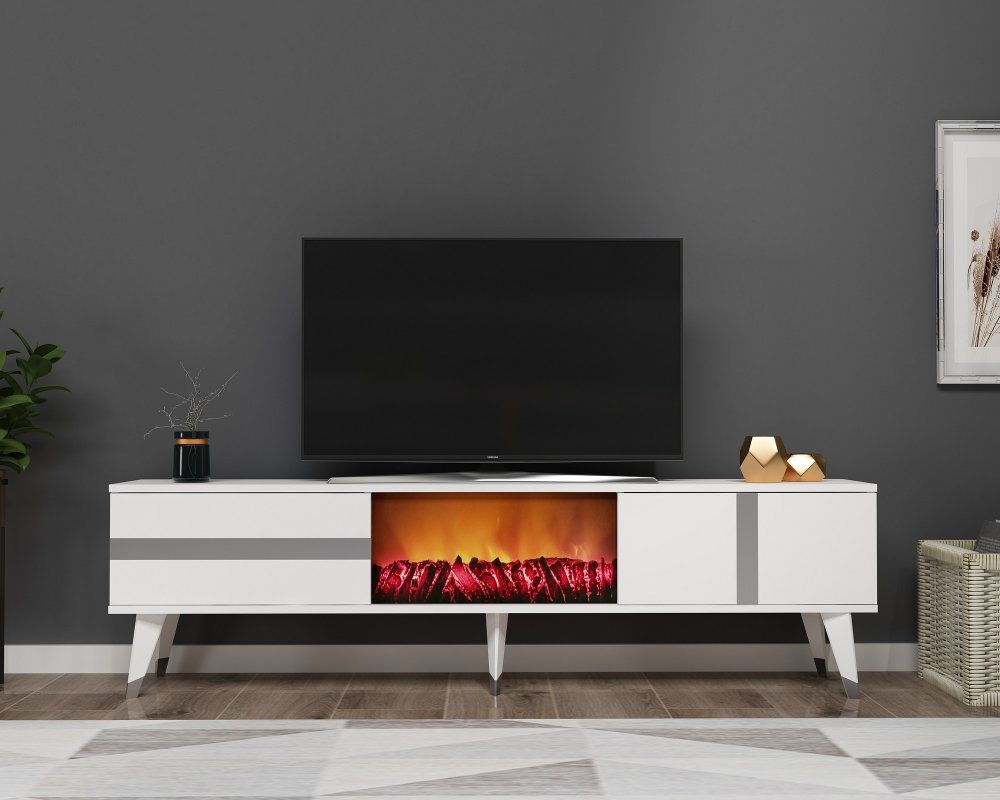 TV stolík Vania Fireplace - White, Silver