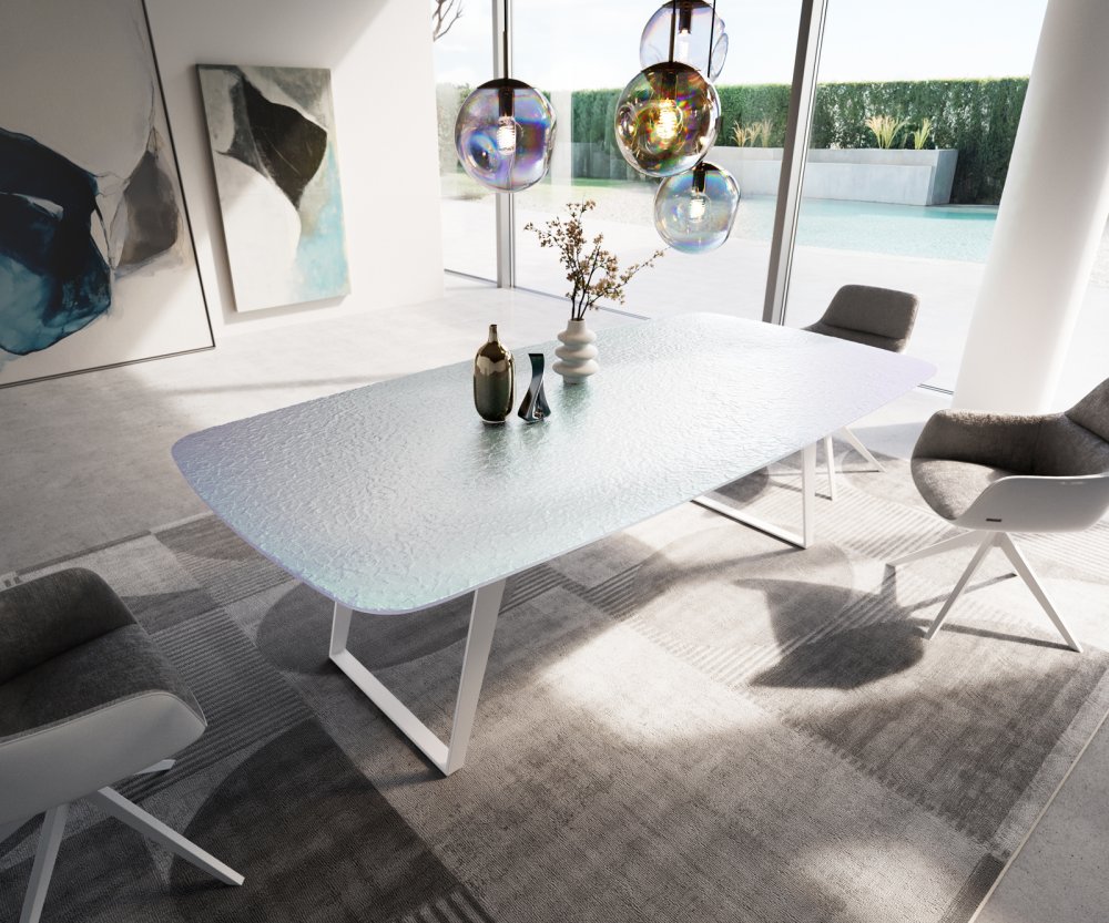 Jedálenský stôl Edge zaoblený tvar 240x120 cm reliéfne sklo perleť 3D