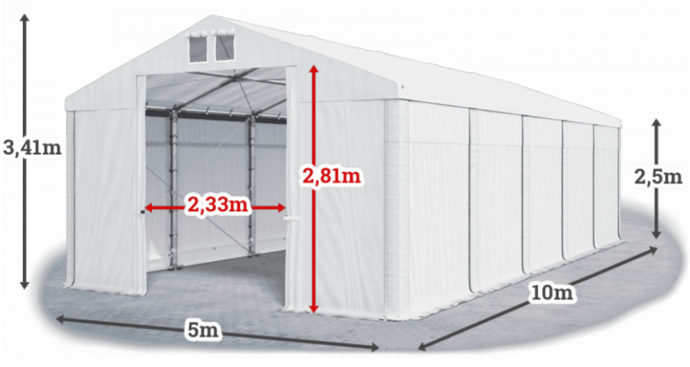 Skladový stan 5x10x2,5m střecha PVC 560g/m2 boky PVC 500g/m2 konstrukce ZIMA PLUS Bílá Bílá Bílá