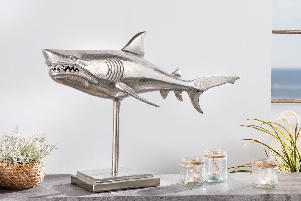 E-shop Dekorační socha žralok AMEIS 70 cm  Stříbrná,Dekorační socha žralok AMEIS 70 cm  Stříbrná