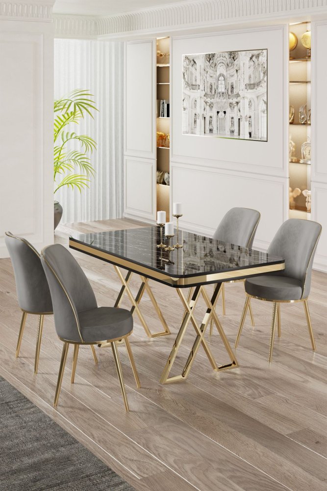 Dining Table & Chairs Set (5 Pieces) Vals - Black Marble, Gold, Grey
