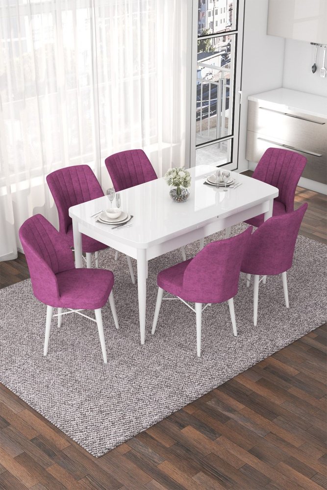 Extendable Dining Table & Chairs Set (7 Pieces) Nef - White, Purple