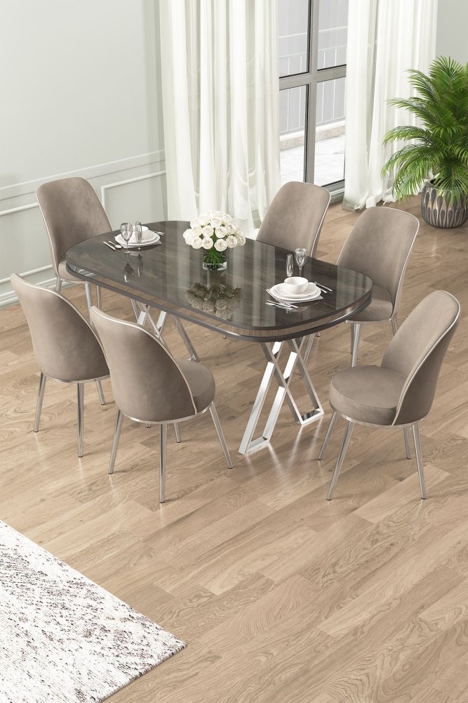 Dining Table & Chairs Set (7 Pieces) Lai - Anthracite, Chrome, Cappuccino