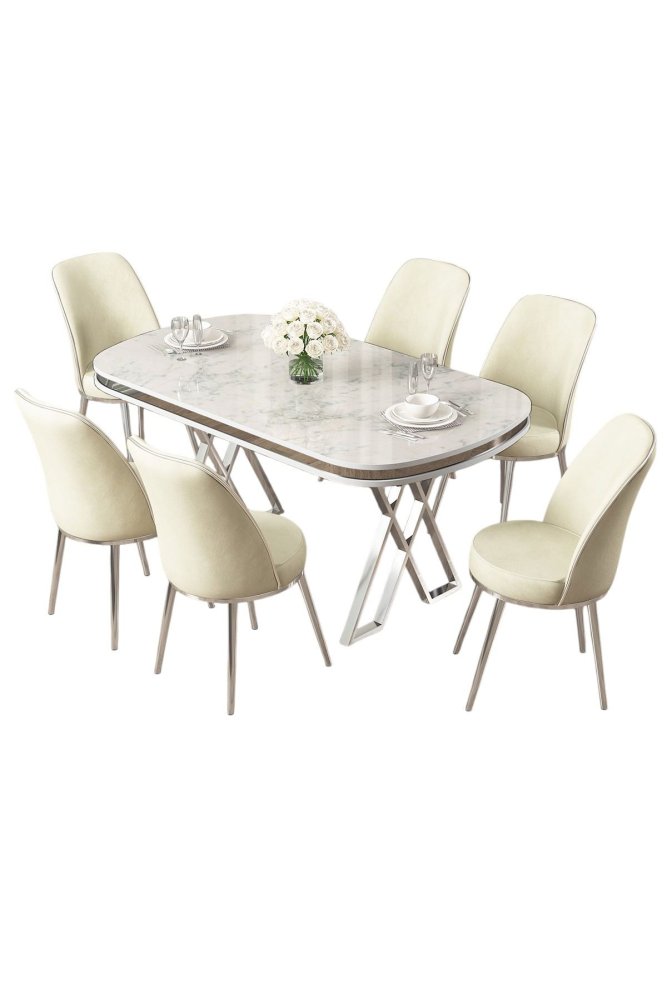 Dining Table & Chairs Set (7 Pieces) Lai - White, Chrome, Cream (obrázek 2)