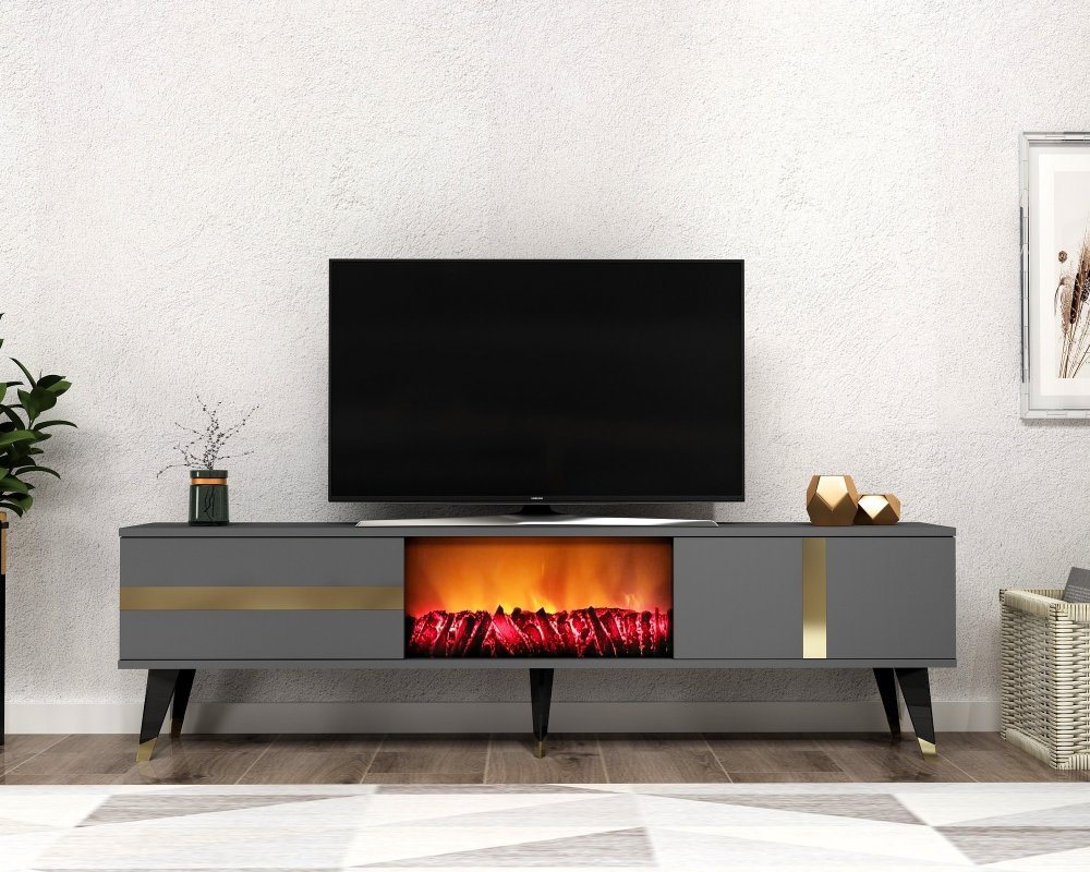 TV stolík Vania Fireplace - Anthracite, Gold
