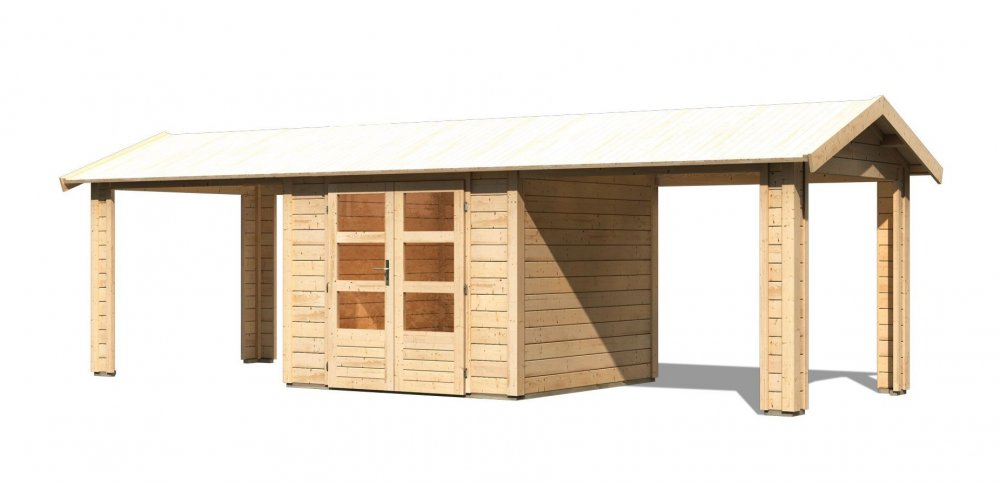 Dřevěný zahradní domek THERES 3 s přístavkem Lanitplast Přírodní dřevo