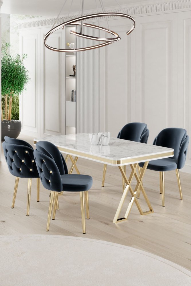 Dining Table & Chairs Set (5 Pieces) Rigel - White, Gold, Anthracite