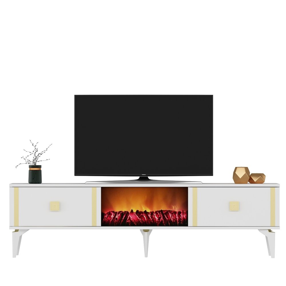 TV stolík Doruk Fireplace - White, Gold