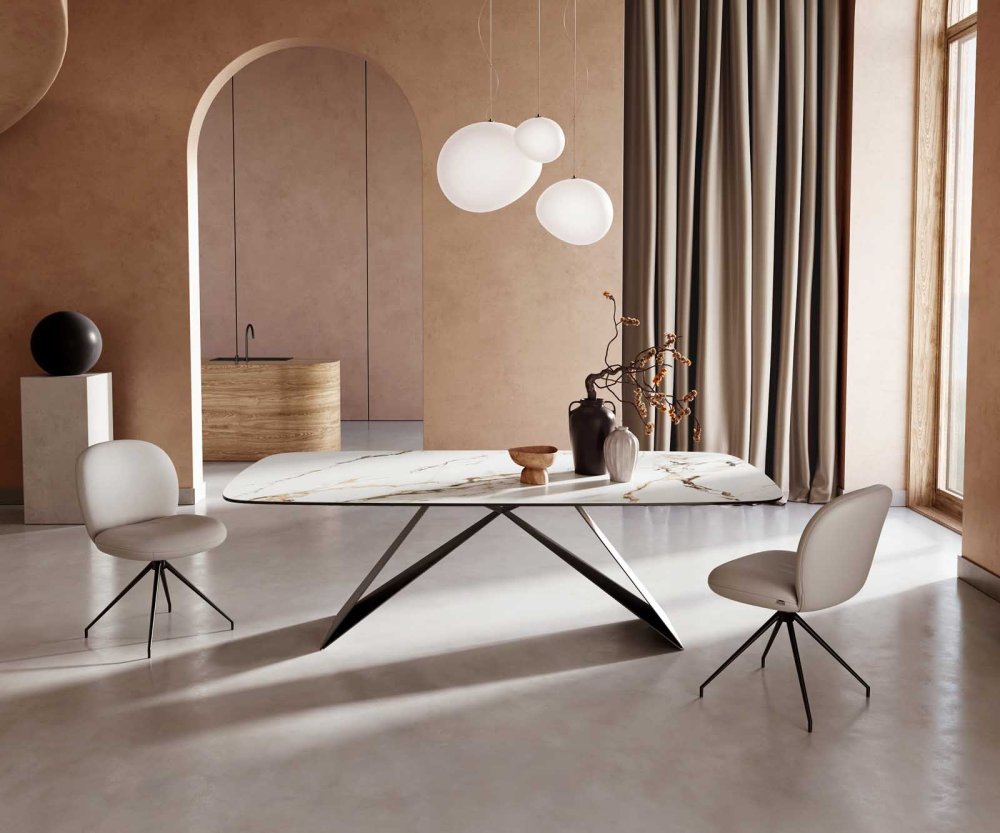 Jedálenský stôl Edge oválny 240x120 keramický Calacatta Luxe bielo