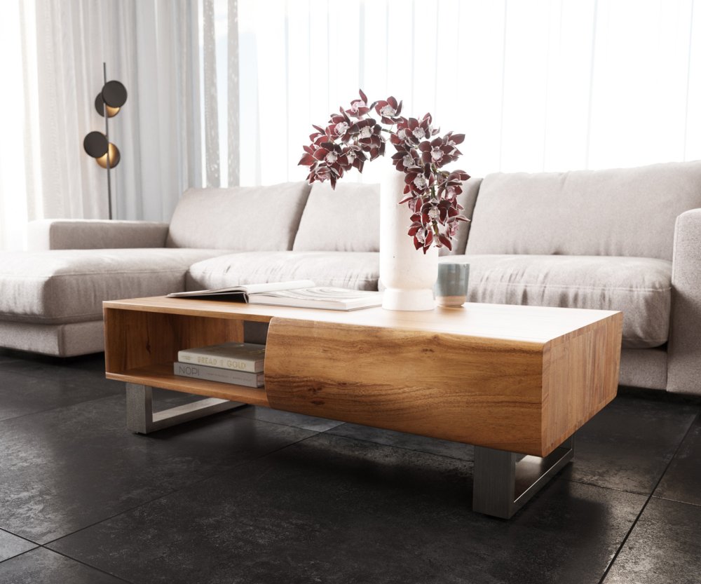 Konferenčný stolík New Live-Edge 115x60 cm prírodná akácia 2 zásuvky 1