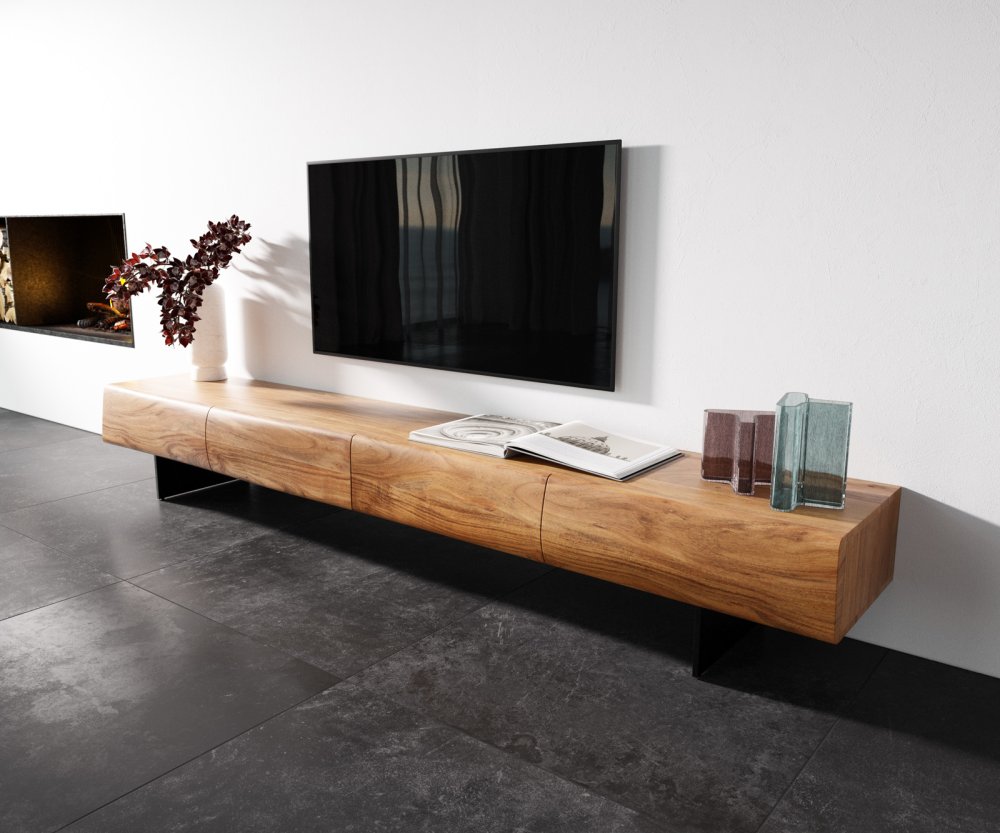 Nízka doska New Live-Edge 240 cm prírodná akácia 4 zásuvky podstavec