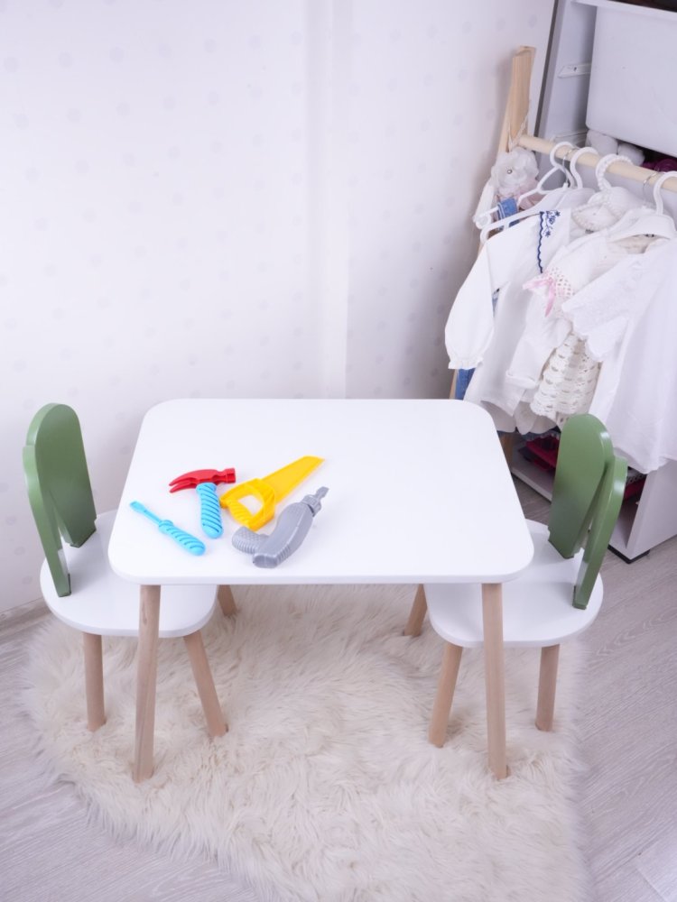 Kid's Table Set Bunny Two Chair Set - Green, White