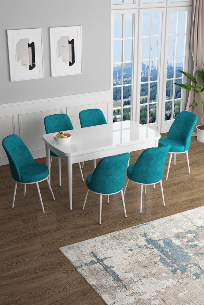 Extendable Dining Table & Chairs Set (7 Pieces) Han - White, Turquoise