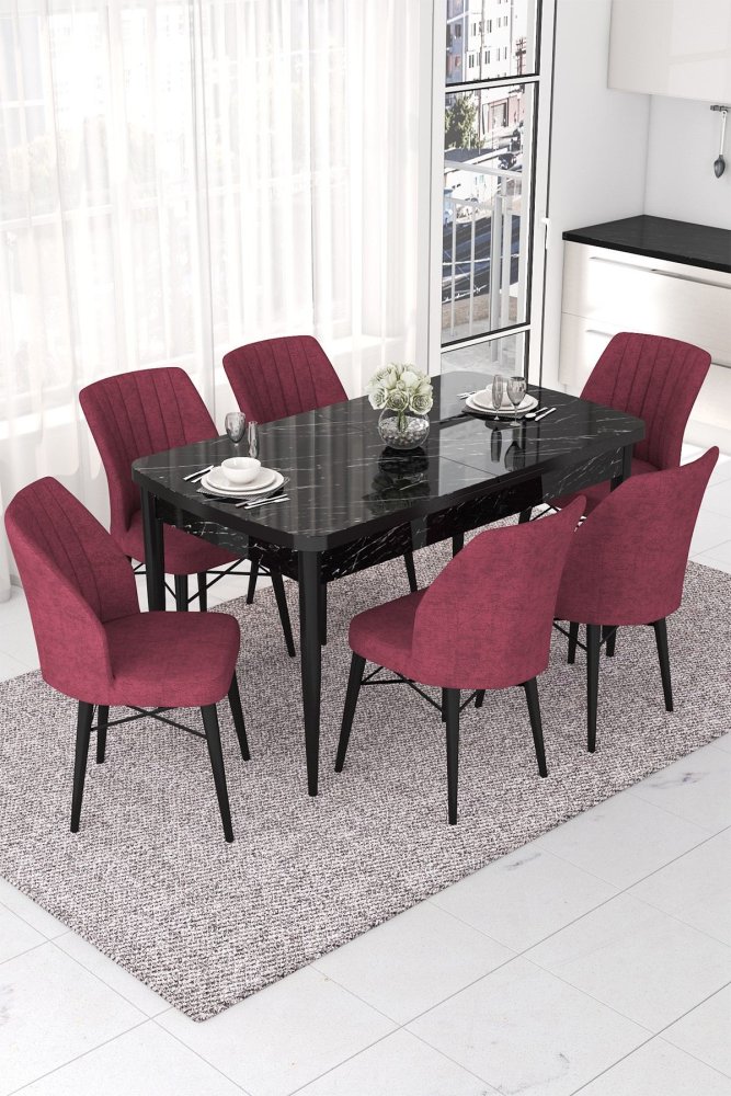 Extendable Dining Table & Chairs Set (7 Pieces) Nef - Black Marble, Burgundy