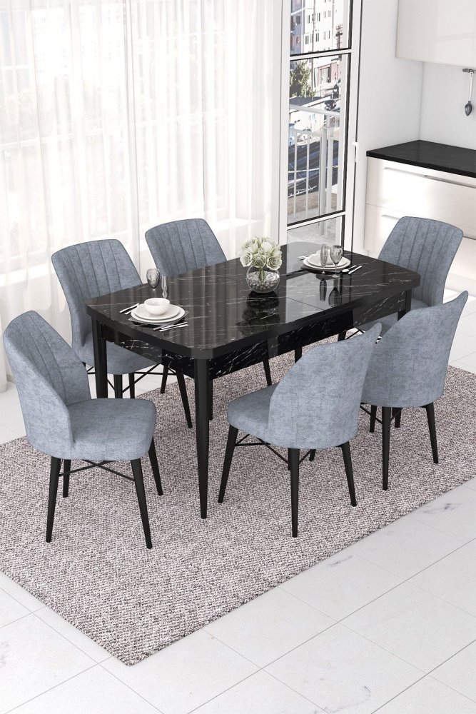 Extendable Dining Table & Chairs Set (7 Pieces) Nef - Black Marble, Grey
