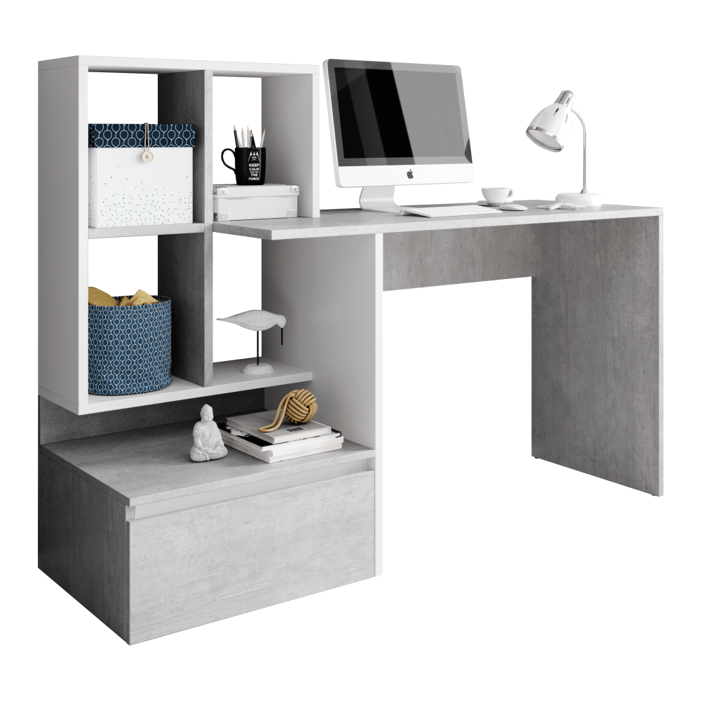 E-shop PC stůl s regálem NEREO Bílá / beton,PC stůl s regálem NEREO Bílá / beton