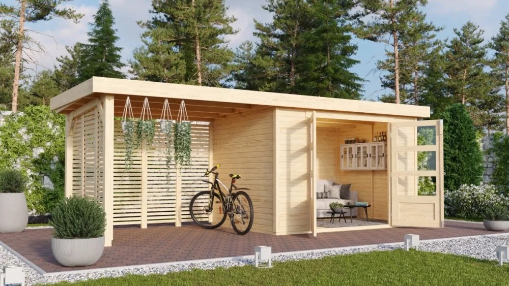 Drevený záhradný domček ASKOLA 4 s prístavkom Lanitplast