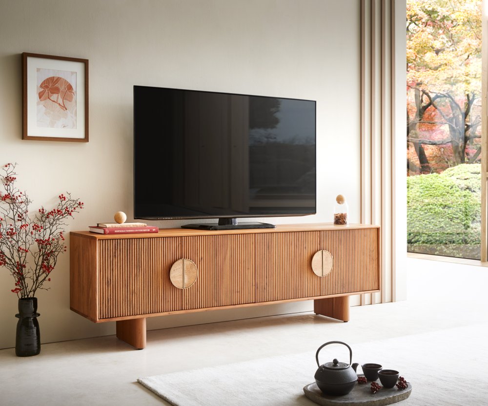 TV stolík Surimu 175 cm akáciová svetlohnedá 4 dvierka korkové držadlo
