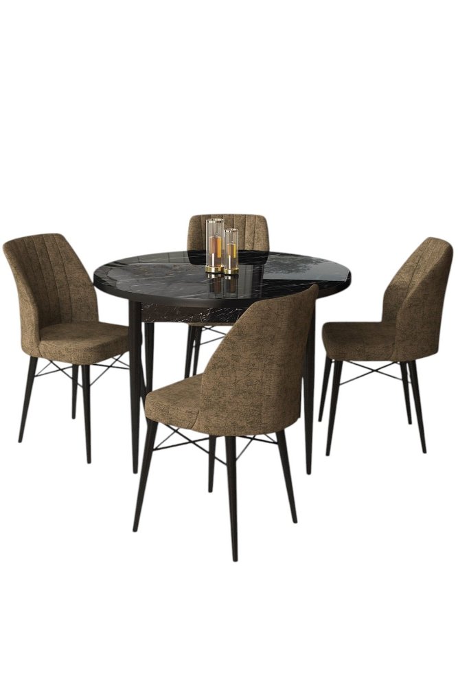 Dining Table & Chairs Set (5 Pieces) Rox - Black Marble, Brown (obrázek 2)