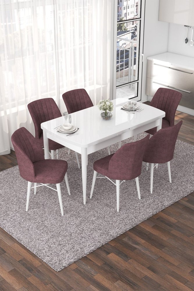 Extendable Dining Table & Chairs Set (7 Pieces) Nef - White, Dusty Rose