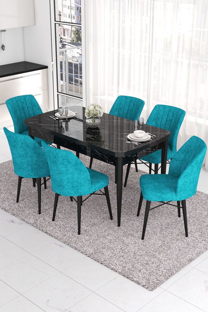 Extendable Dining Table & Chairs Set (7 Pieces) Eva - Black Marble, Turquoise
