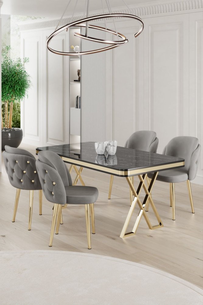 Dining Table & Chairs Set (5 Pieces) Rigel - Black Marble, Gold, Grey