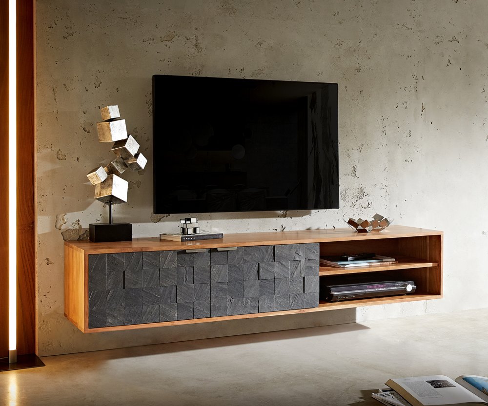 TV stolík Teele 160 cm prírodná akáciová bridlica 2 dvierka na